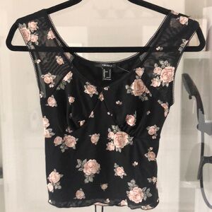 Black floral mesh babydoll crop top goth dark fairy grunge skater romantic S
